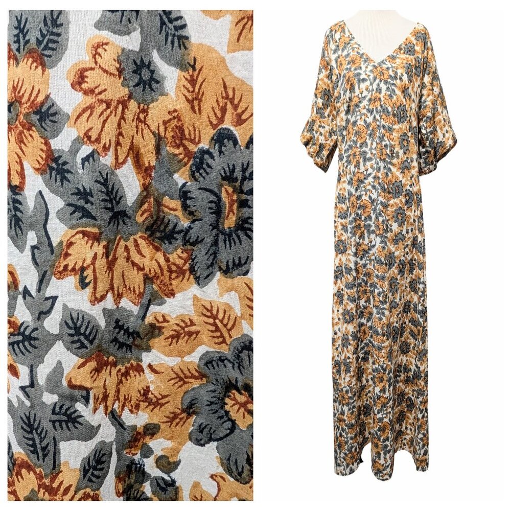 Anna Cate Womens Size L Gold Floral V-Neck Puff Sleeve Cottagecore Midi Dress